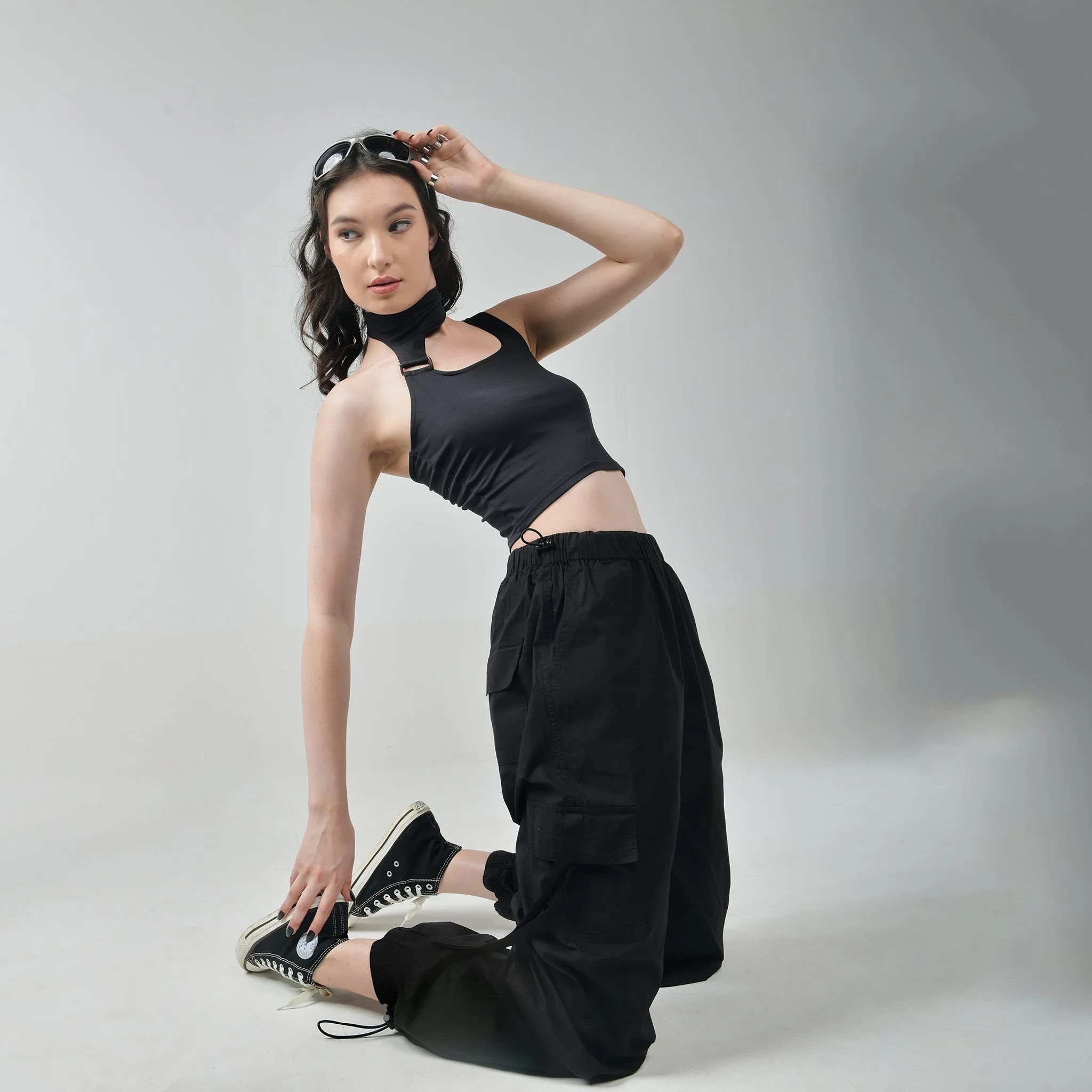 Black Buckle Top & Cargo Para Pants Black