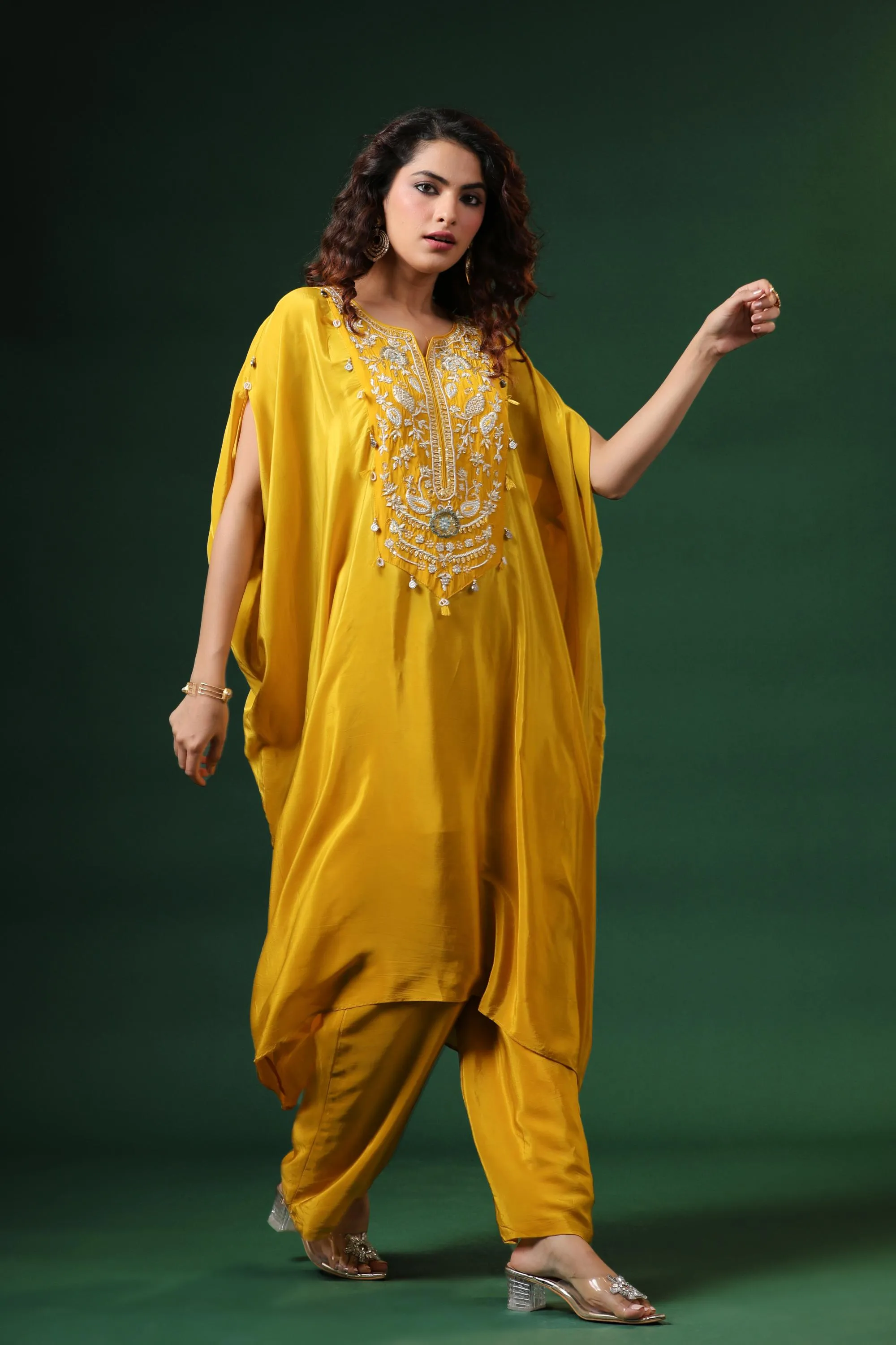 Bright Yellow Embellished Spanish Silk Kaftan Set