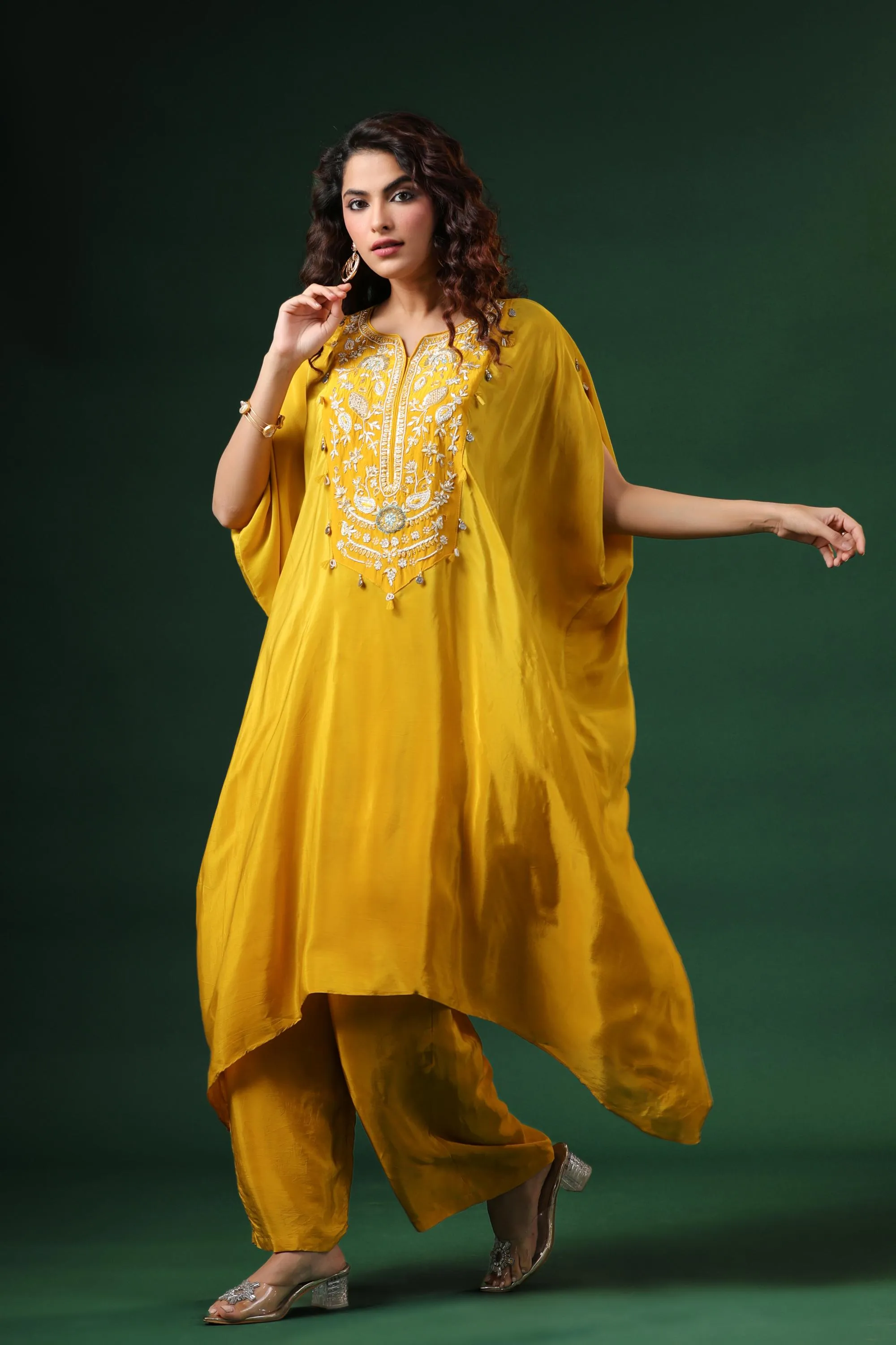 Bright Yellow Embellished Spanish Silk Kaftan Set