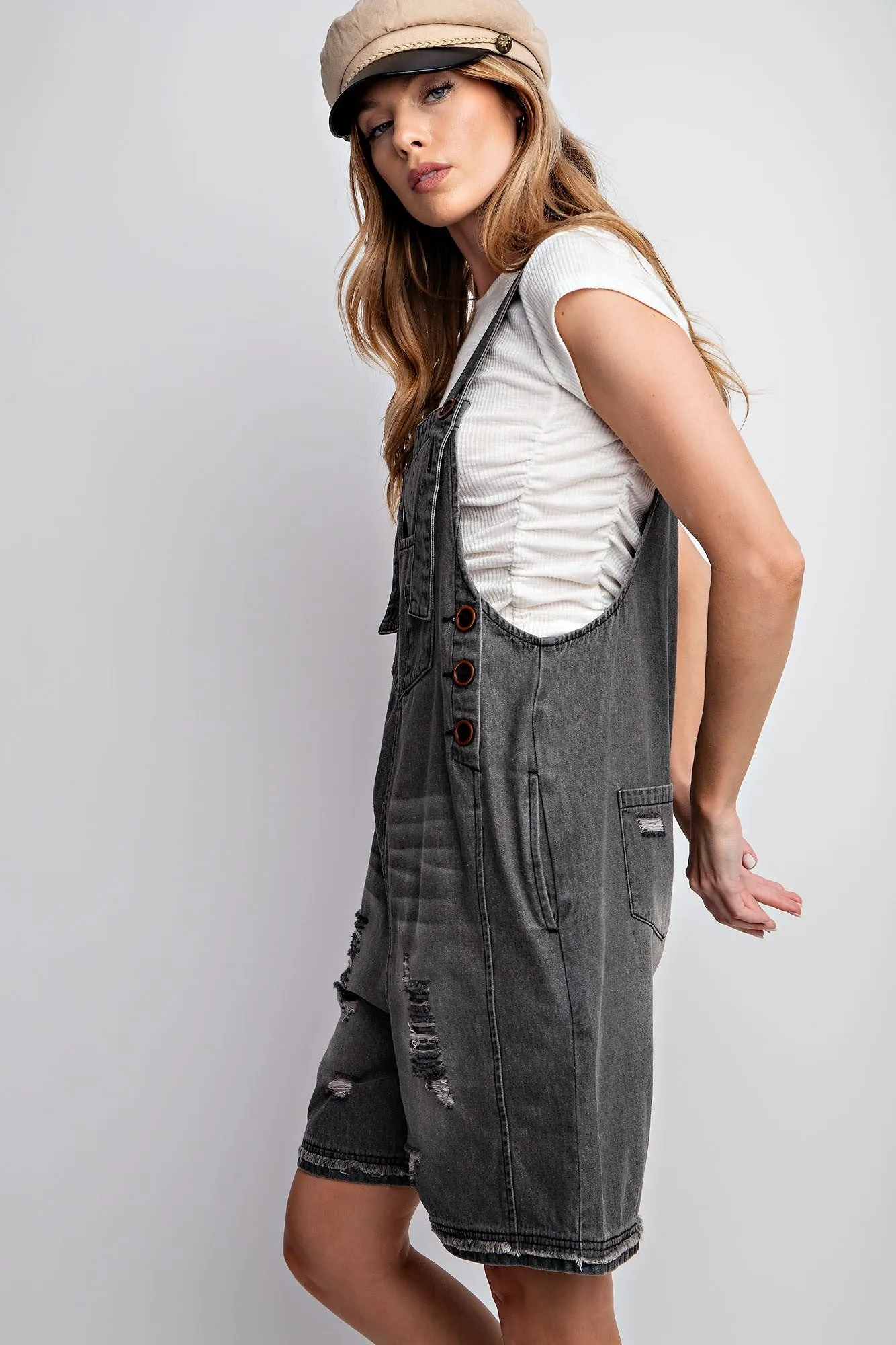 Distressed Shortalls in Charcoal