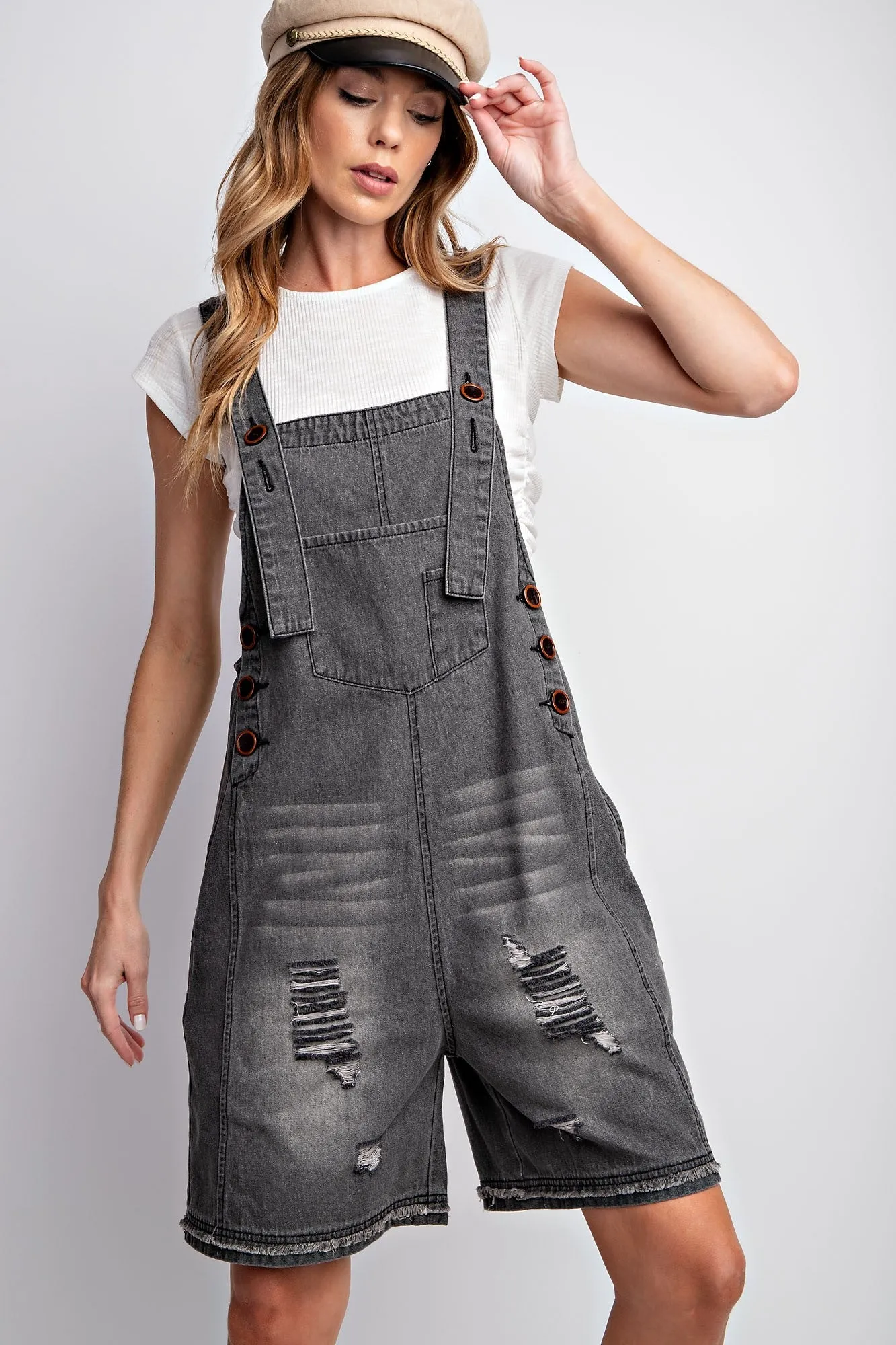 Distressed Shortalls in Charcoal