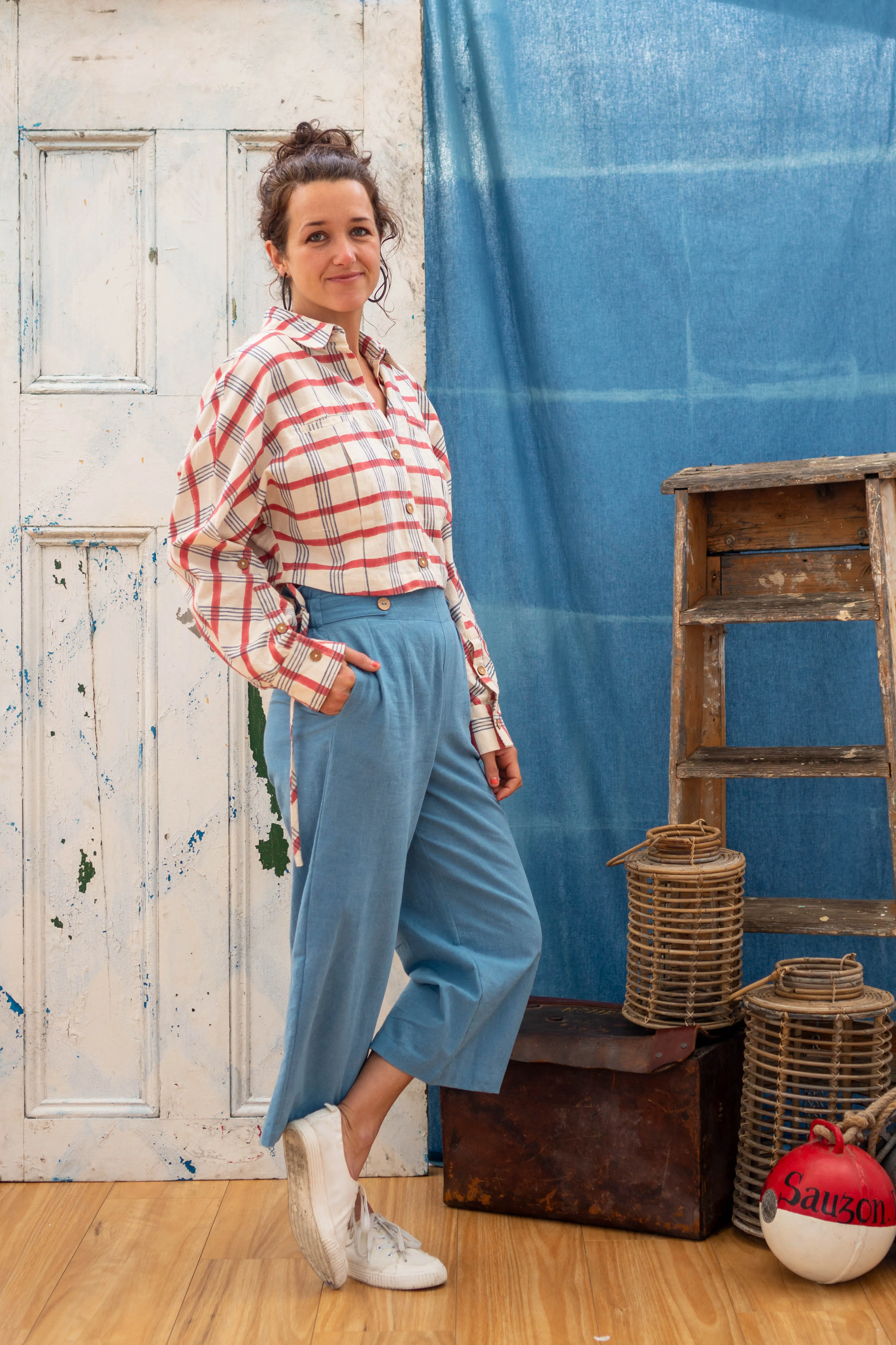Easy Fit Pants with Button Detail - Indigo Khadi
