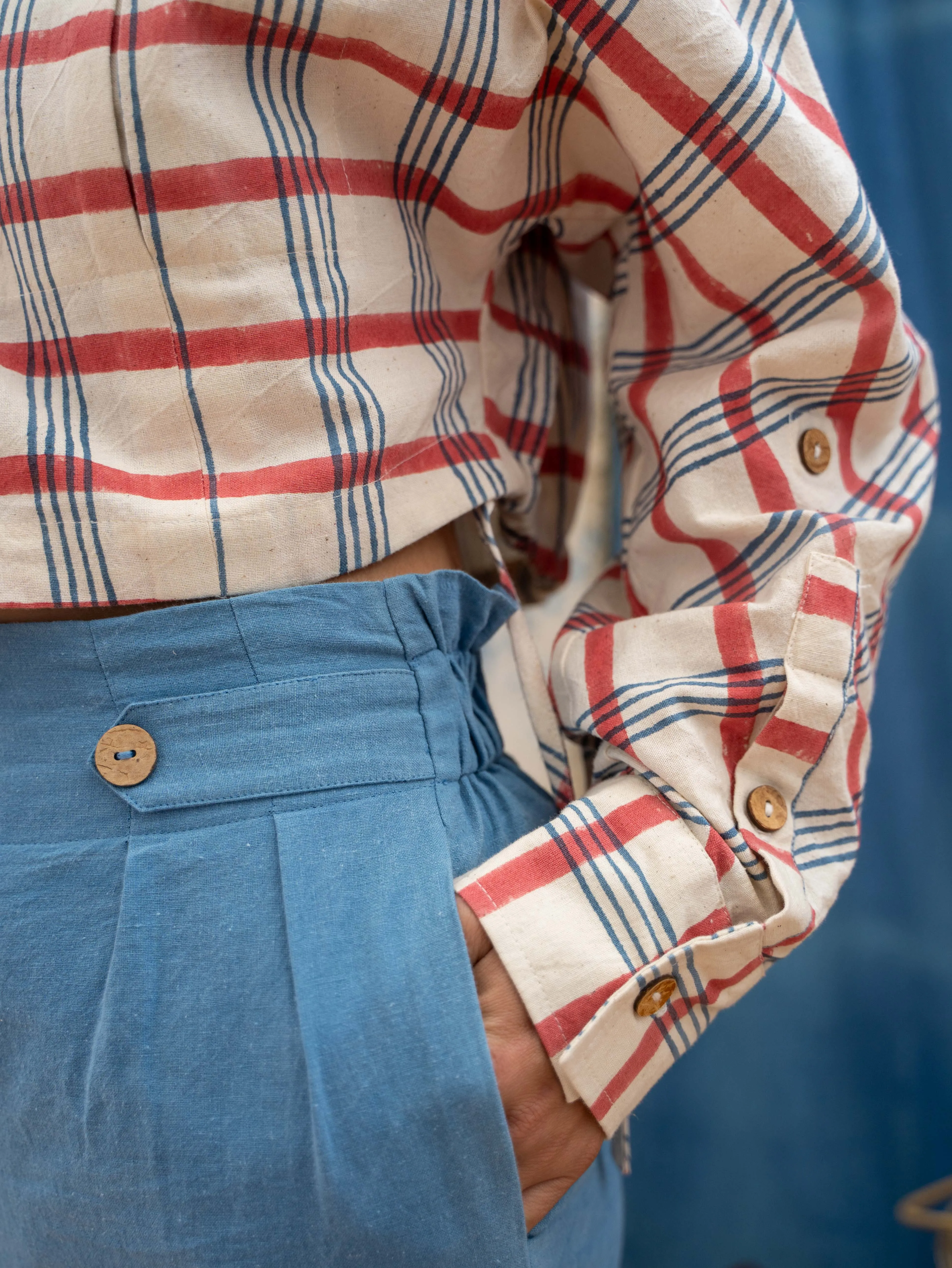 Easy Fit Pants with Button Detail - Indigo Khadi