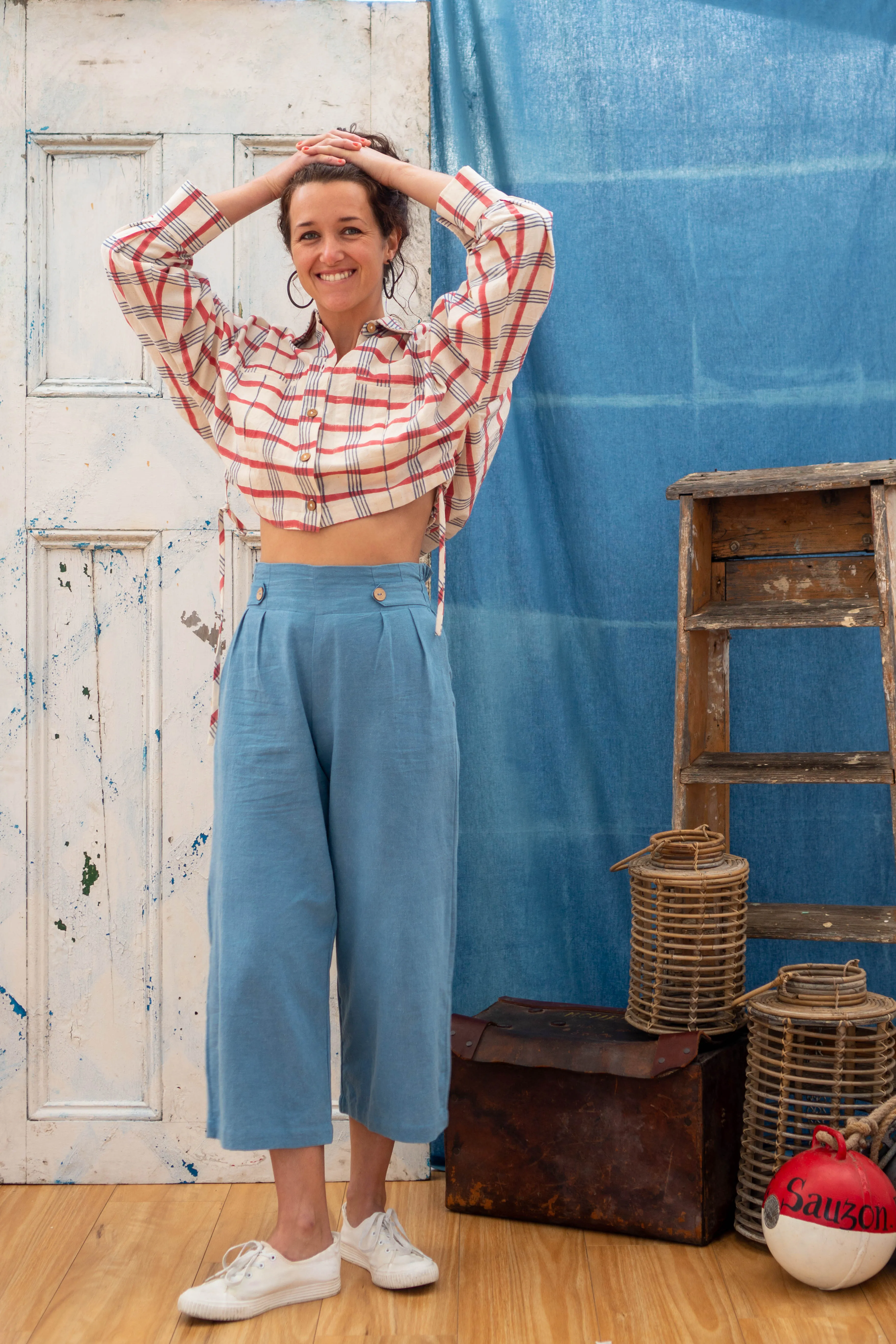 Easy Fit Pants with Button Detail - Indigo Khadi