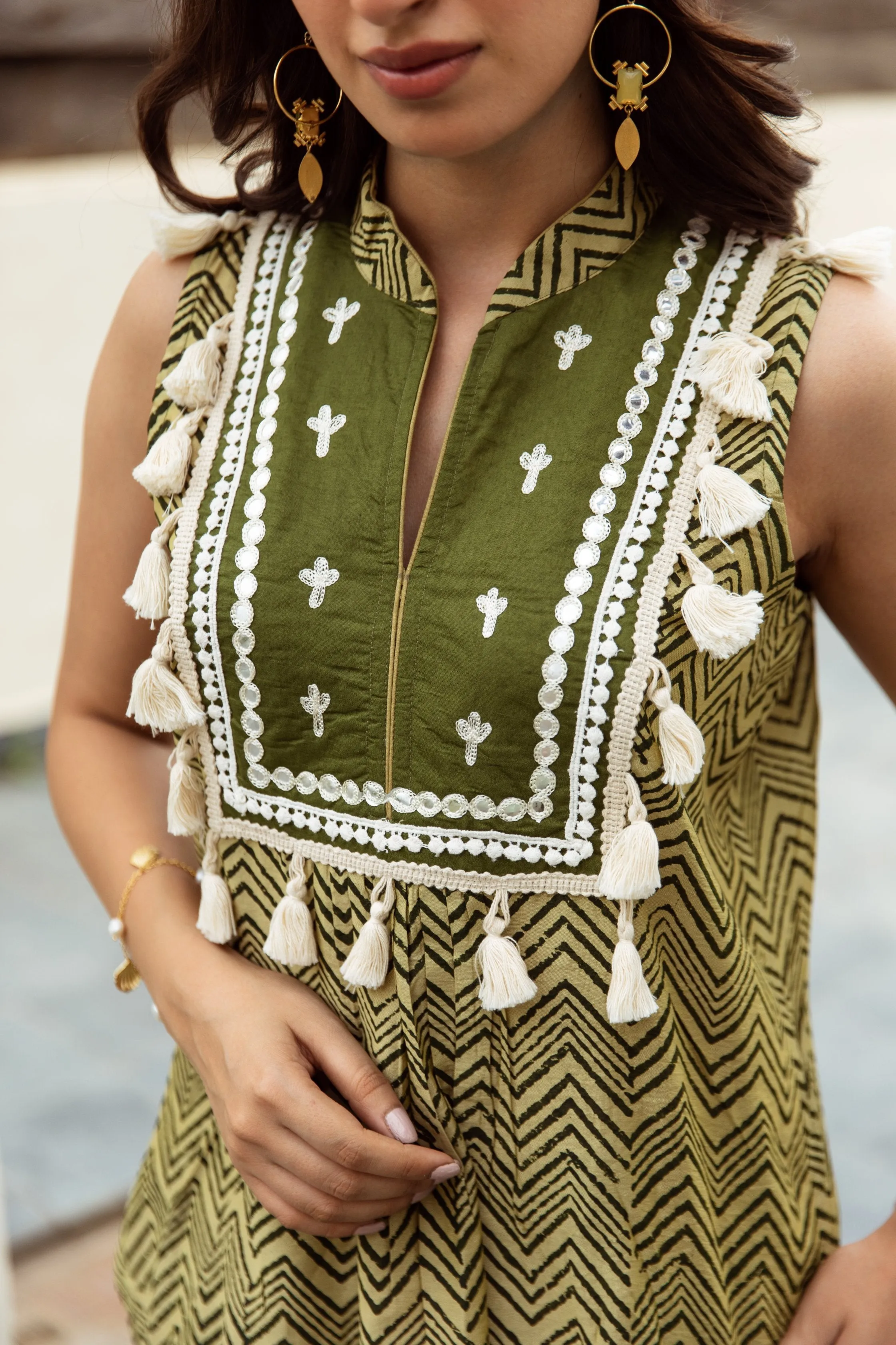 Green Zigzag Handblock Print Chanderi co-ord Set