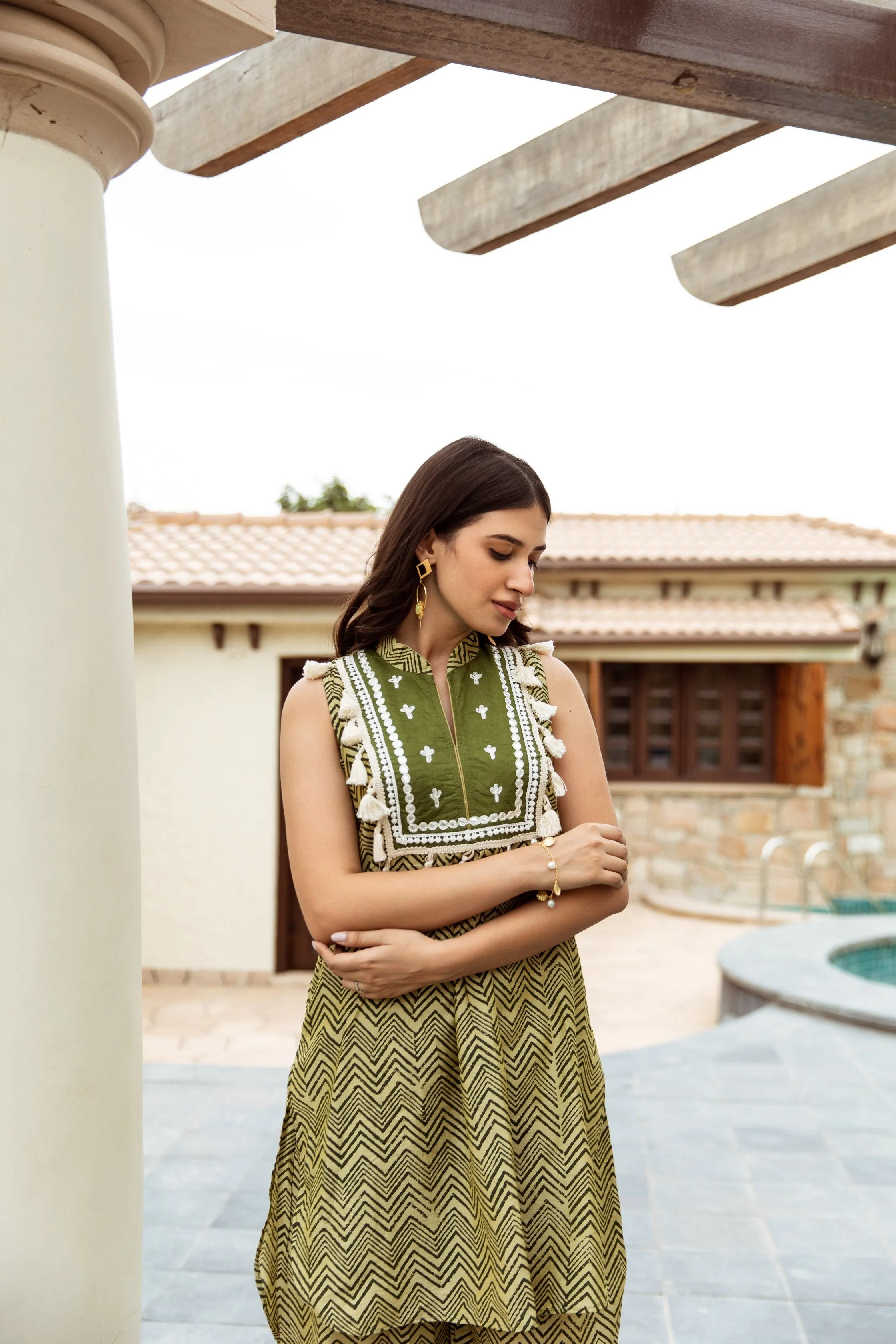 Green Zigzag Handblock Print Chanderi co-ord Set
