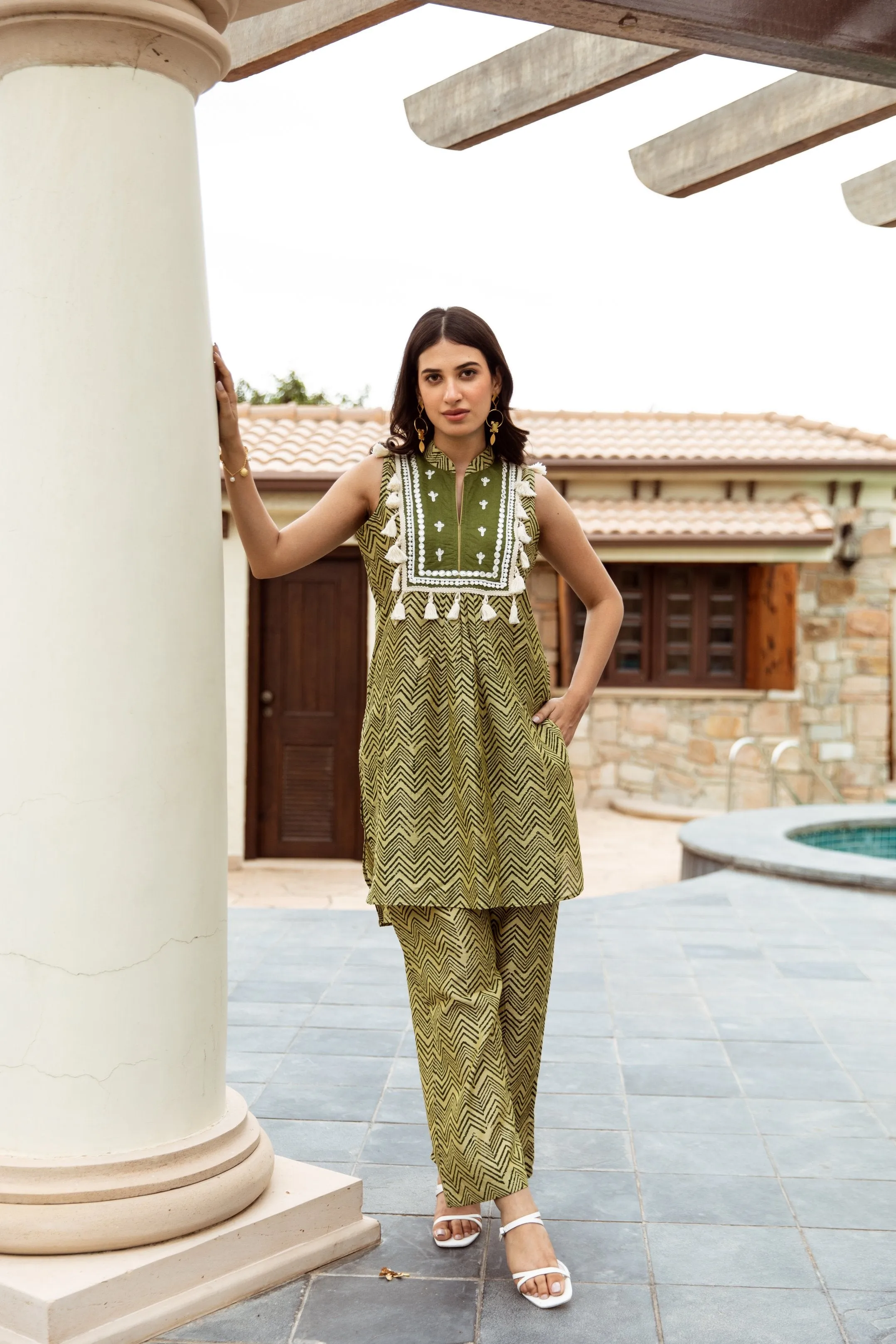Green Zigzag Handblock Print Chanderi co-ord Set