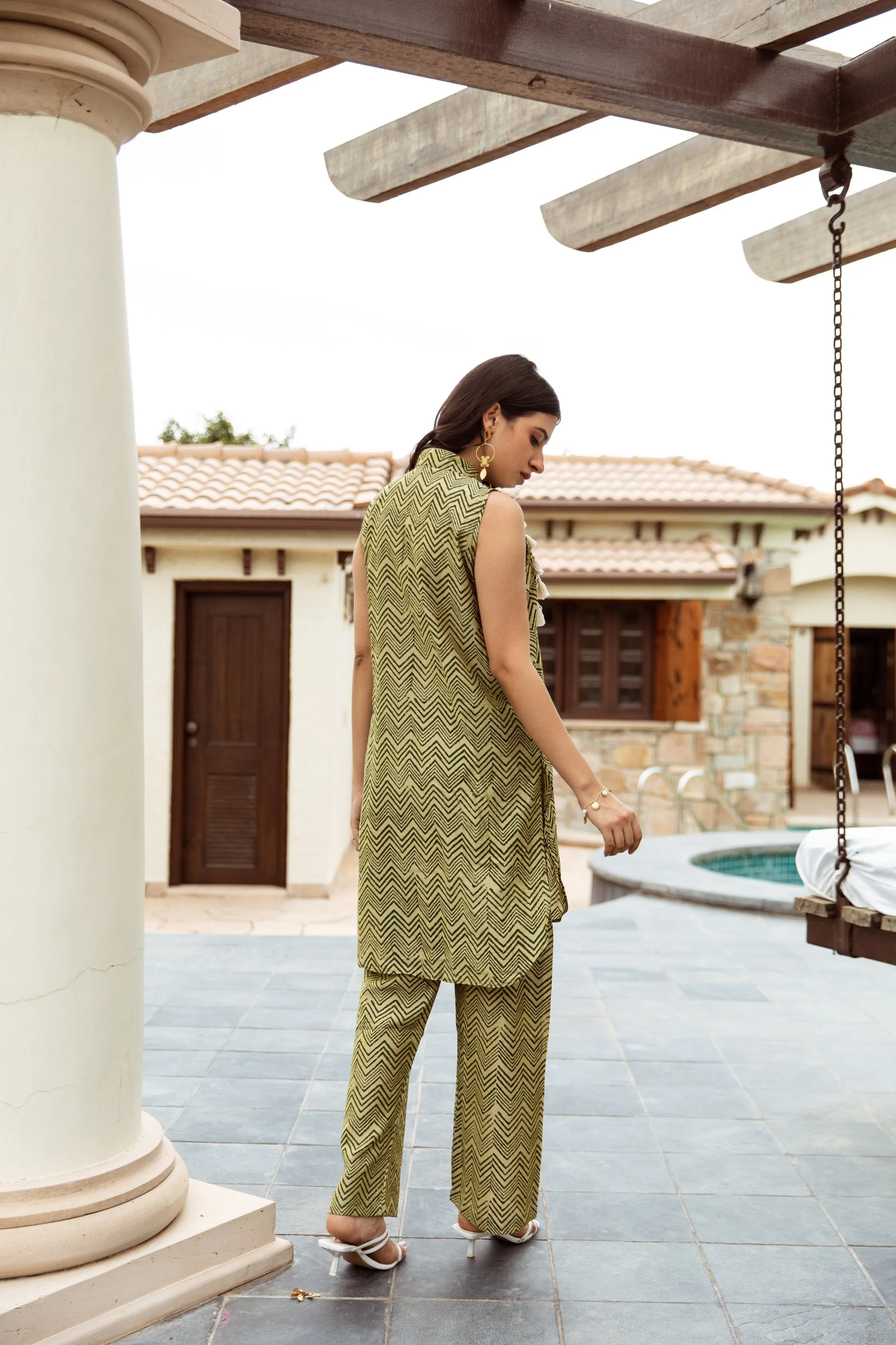 Green Zigzag Handblock Print Chanderi co-ord Set