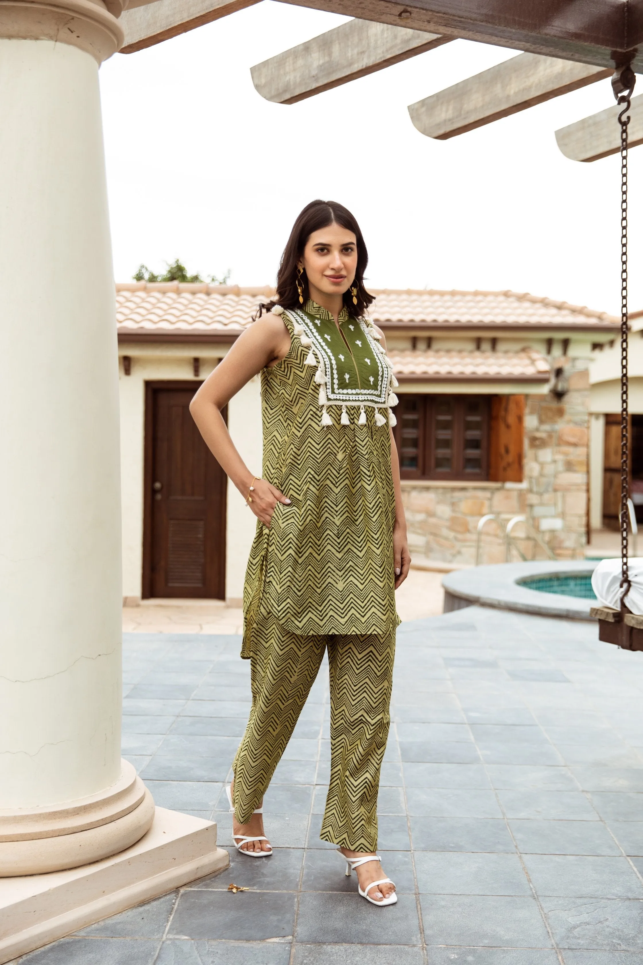 Green Zigzag Handblock Print Chanderi co-ord Set