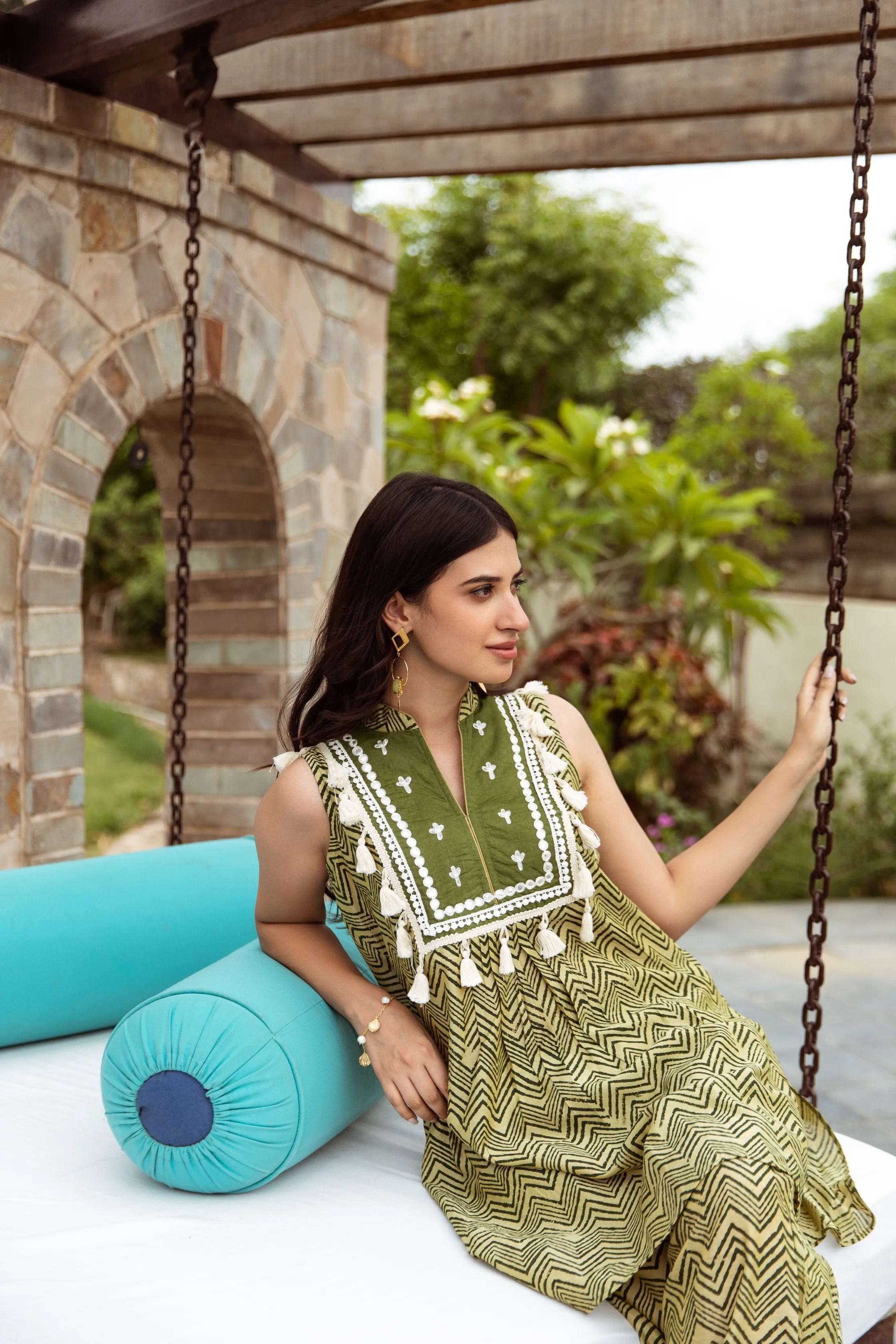 Green Zigzag Handblock Print Chanderi co-ord Set