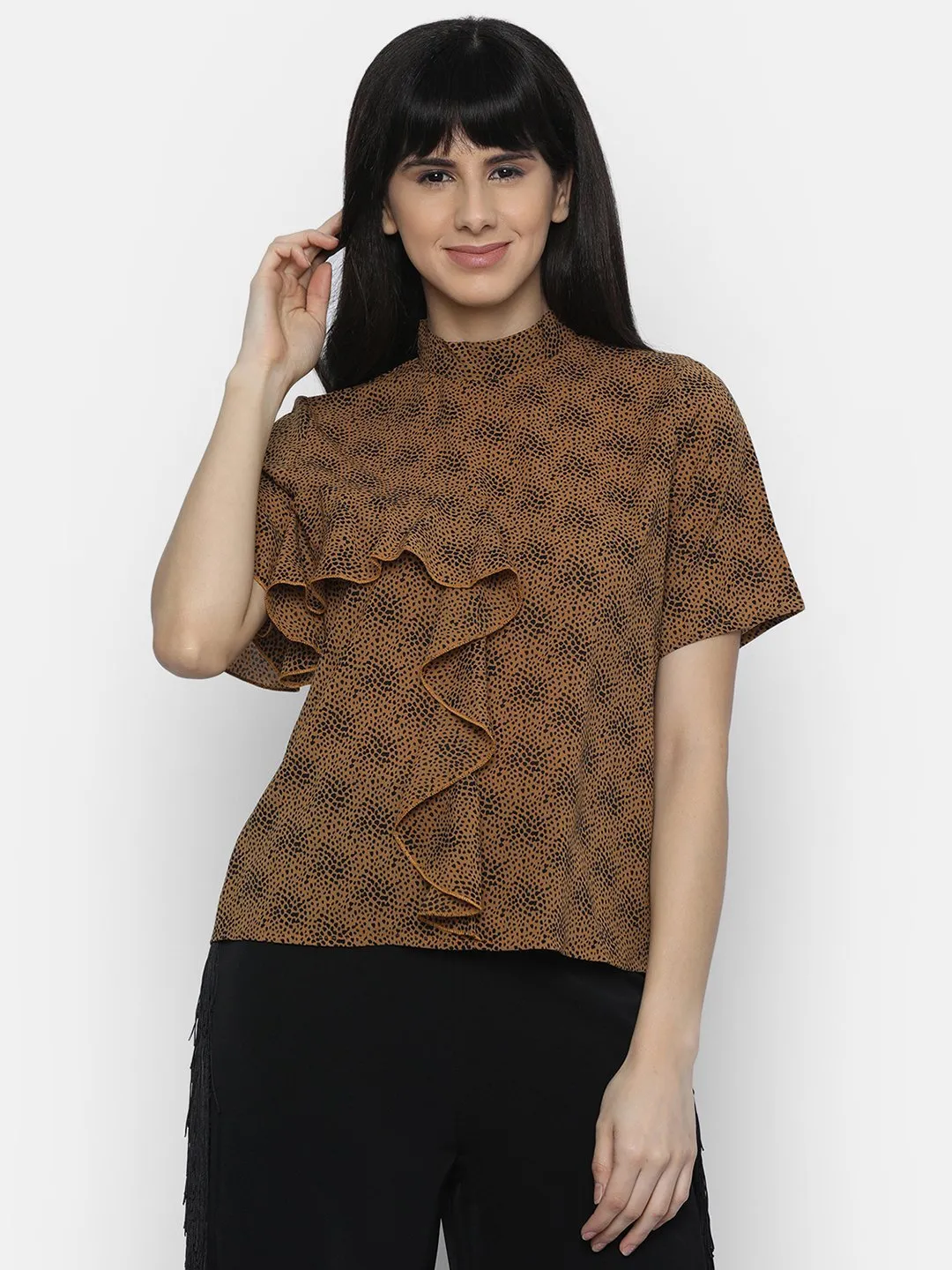 IS.U Brown High Neck Ruffle Top