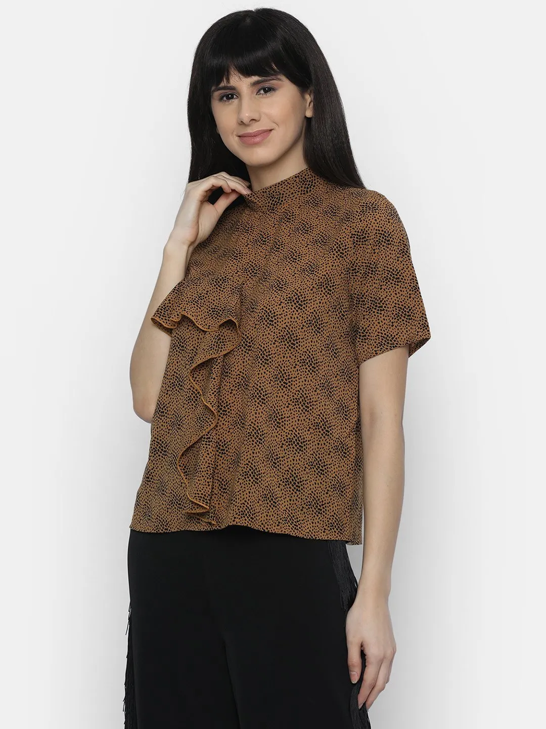 IS.U Brown High Neck Ruffle Top
