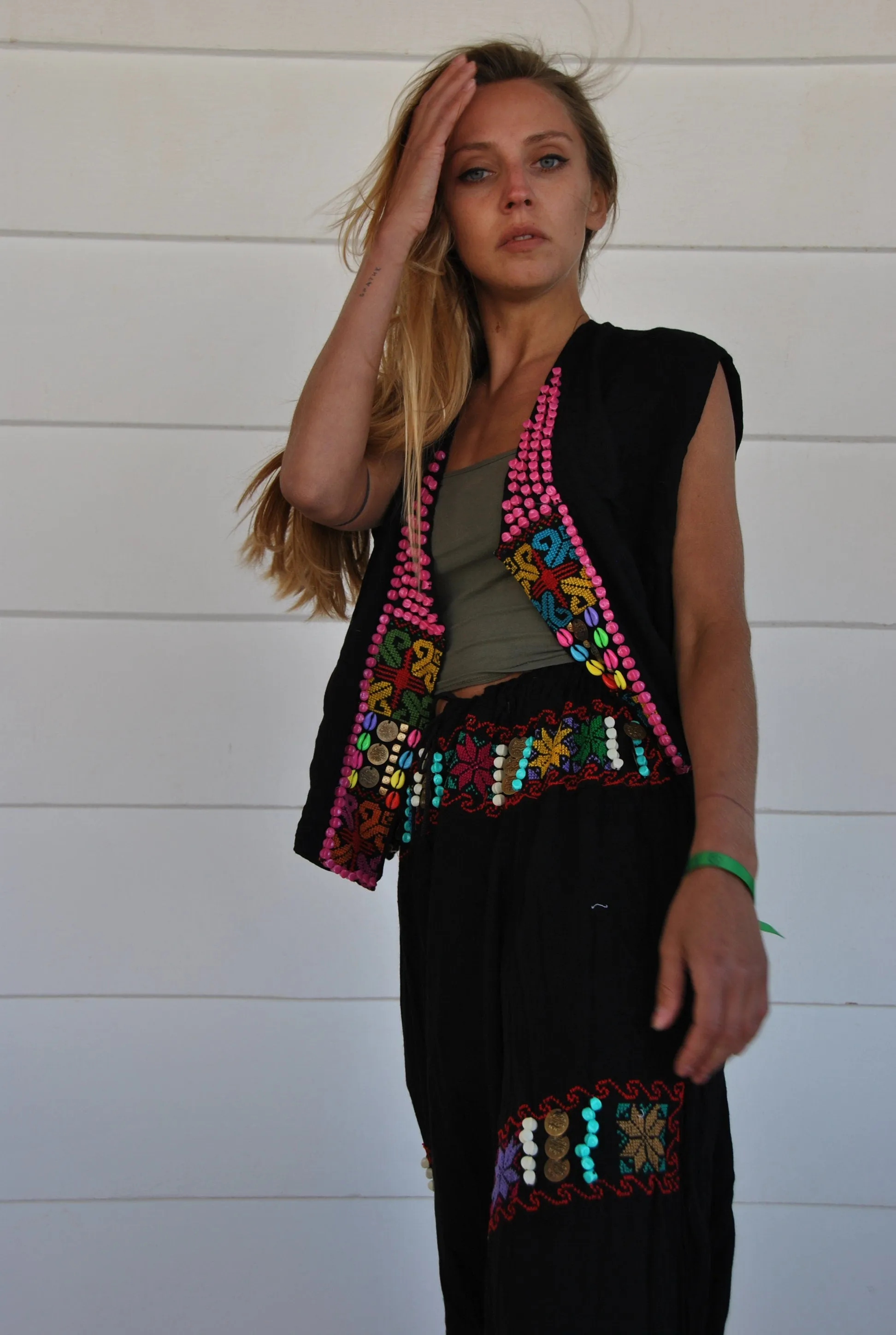 Set of vintage hand embroidered Harem pants and vest, Hippie Pants with shells and beads, Boho Pants, Boho vest, Boho Clothing