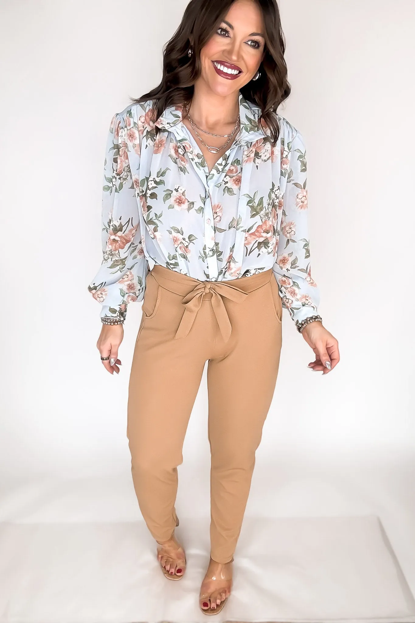 SR Basic Khaki Knit Crepe High Waist Self Tie Straight Pants