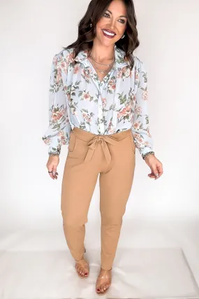 SR Basic Khaki Knit Crepe High Waist Self Tie Straight Pants